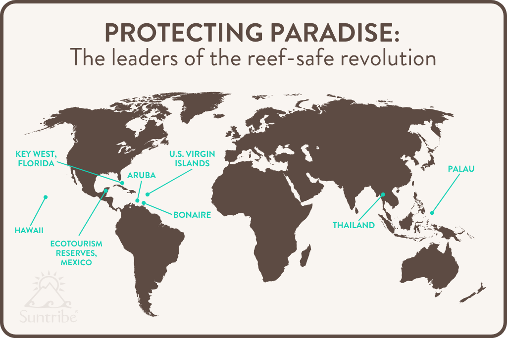 Map of the regions around the works who have banned toxic chemical sunscreen.
